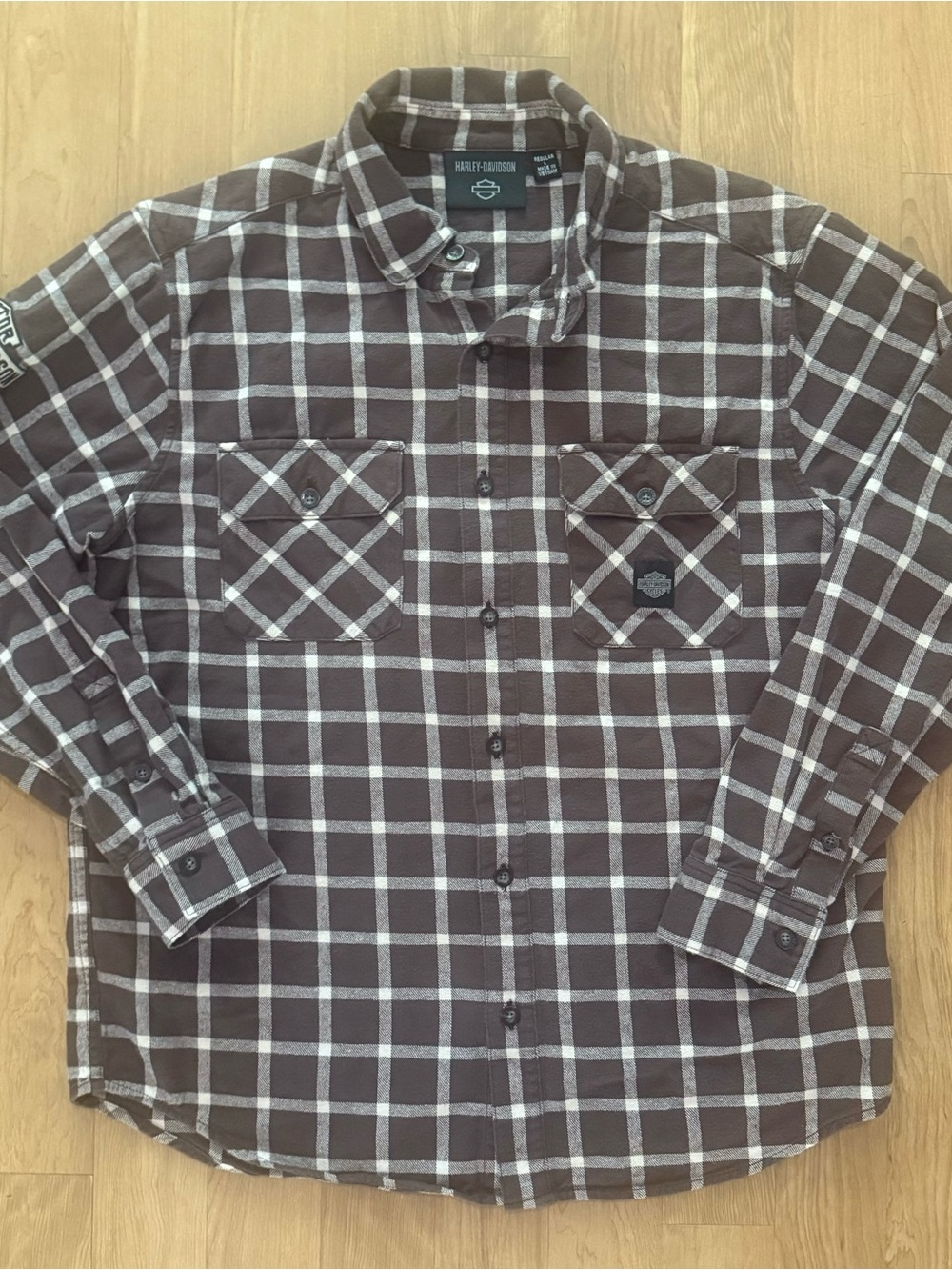 Harley-Davidson Men's Dark Brown and Cream Plaid Button-Down Shirt